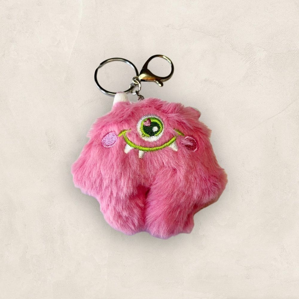 🟢Pink Fluffy Stuffed One Eye Monster Key Chain Bag Charm Accessory